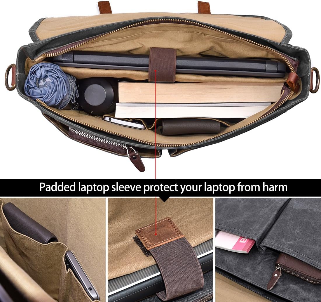 Mens Messenger Bag 15.6 Inch Waterproof Vintage Genuine Leather Waxed Canvas Briefcase Large Leather Computer Laptop Bag Rugged Satchel Shoulder Bag， Brown - Image 4